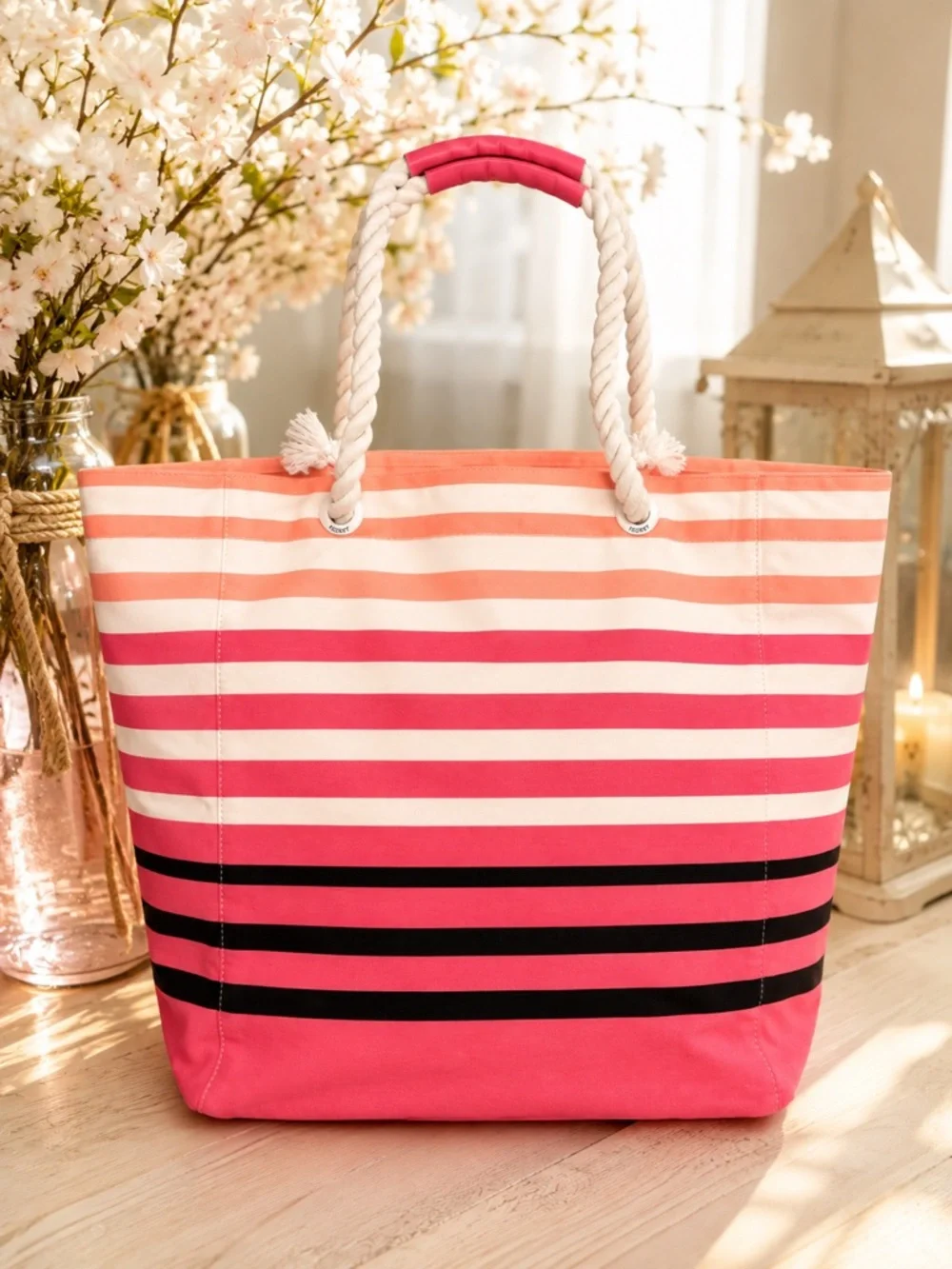 Victoria's Secret Pink and Black Striped Rope-Handle Tote